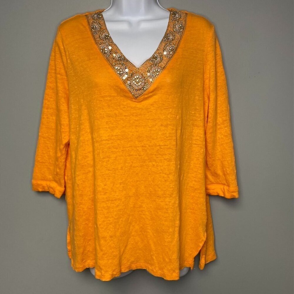 Chico's Orange Linen Embellished V-Neck Resortwear Beach Tunic‎ Women's Size L